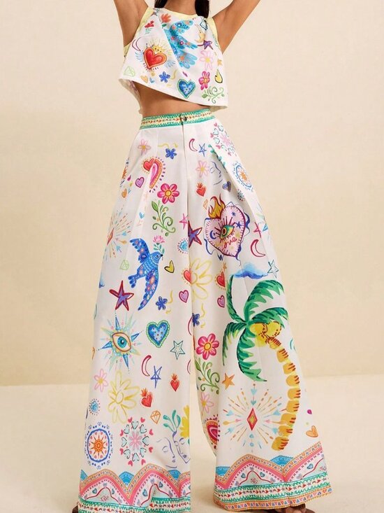 Pants - Multicolor Boho Women's Tropical Print Crop Top & Wide Leg Pants 2-Piece Set